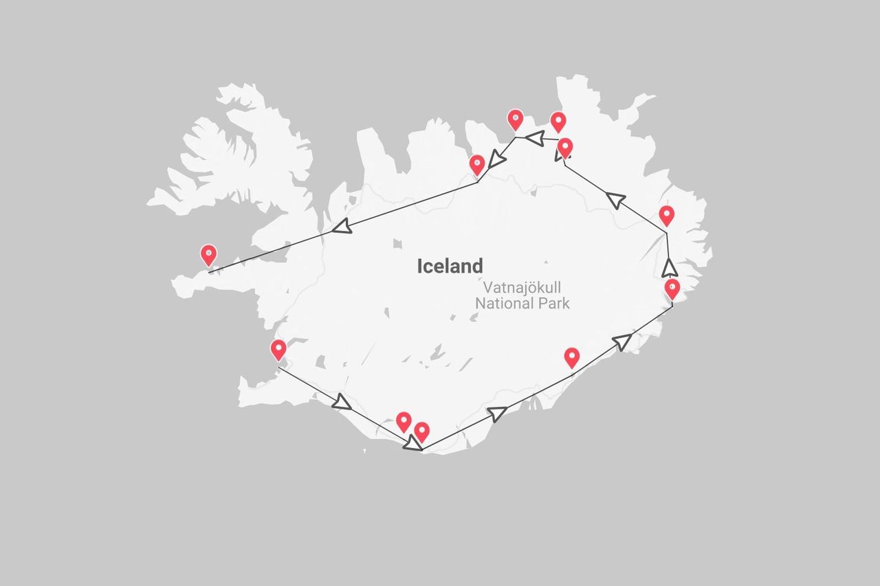 Eine Karte von Island, die eine Reiseroute durch das Land mit roten Stecknadeln für Stopps, darunter den Vatnajökull-Nationalpark, zeigt.