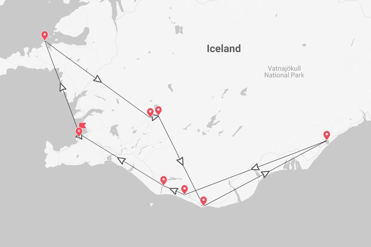 Eine Karte einer Reiseroute in Island, mit roten Markierungen für Stopps entlang der West- und Südküste nahe des Vatnajökull-Nationalparks.