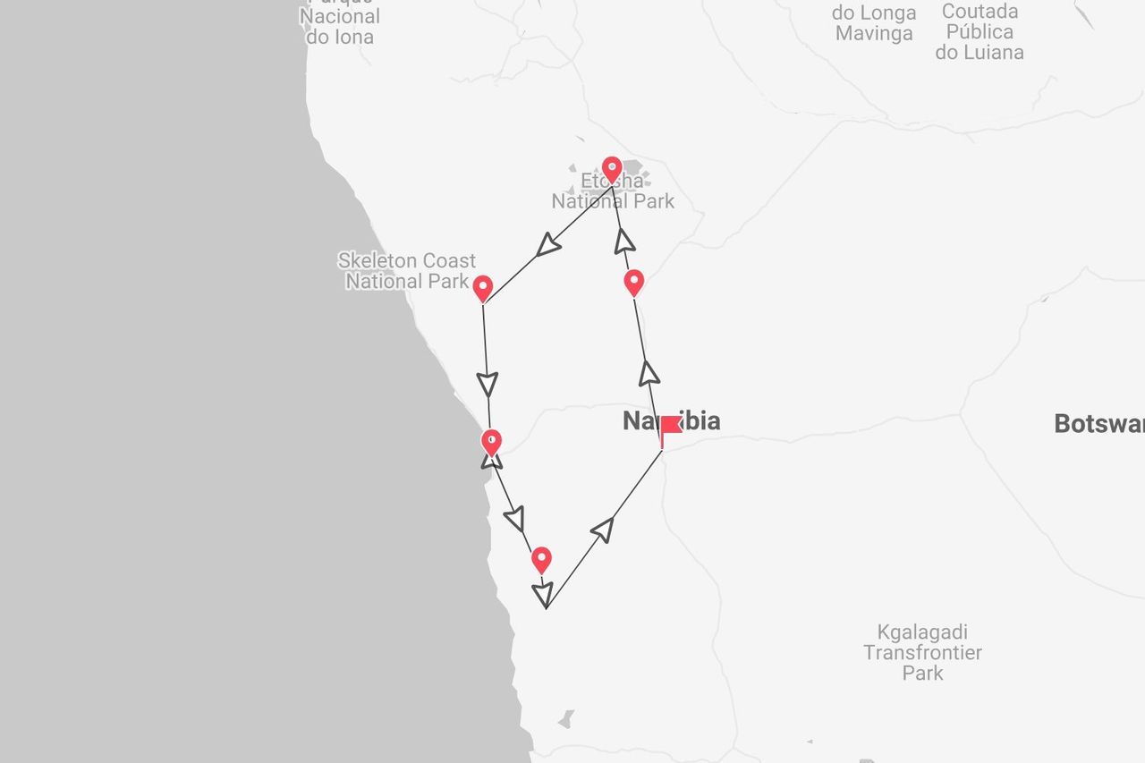 Karte einer Namibia-Reiseroute, die den Etosha-Nationalpark und den Skelettküste-Nationalpark zeigt.