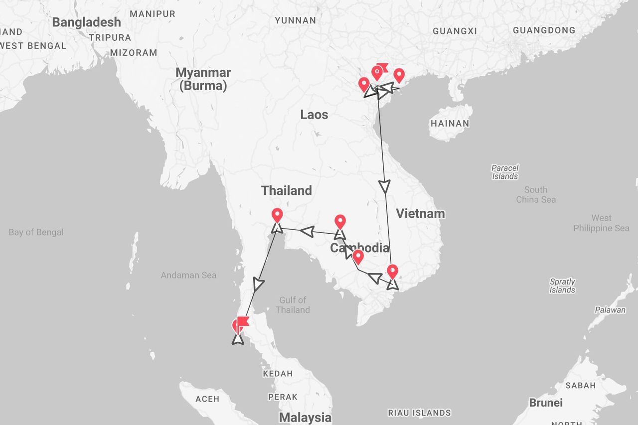 A map of Southeast Asia showing a travel itinerary through Vietnam, Cambodia, and Thailand, marked with red location pins.