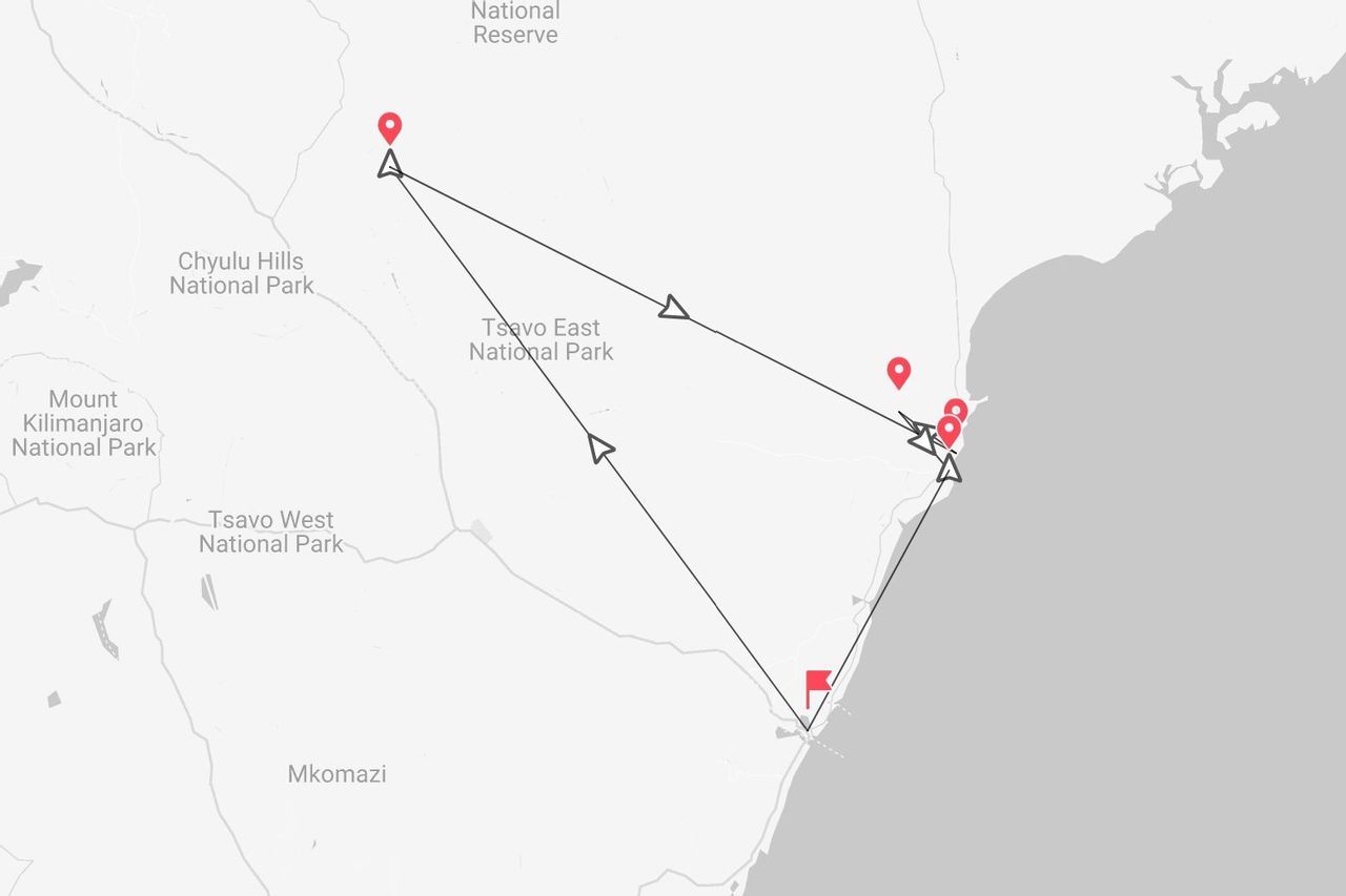 Mappa di un itinerario di viaggio in Kenya, che evidenzia un percorso attraverso i parchi nazionali Tsavo Est e Tsavo Ovest.