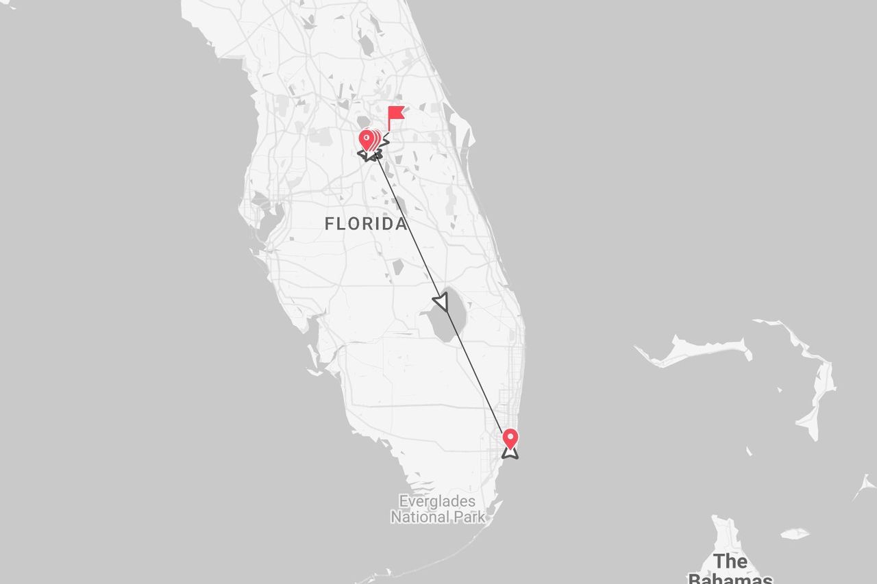 A map of Florida showing a travel itinerary from the central area down to the southeastern coast near Everglades National Park.