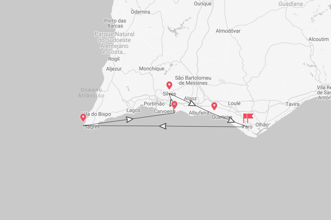 A map detailing a travel route along the Algarve coast in Portugal, from Faro to Sagres, passing through Lagos and Silves.