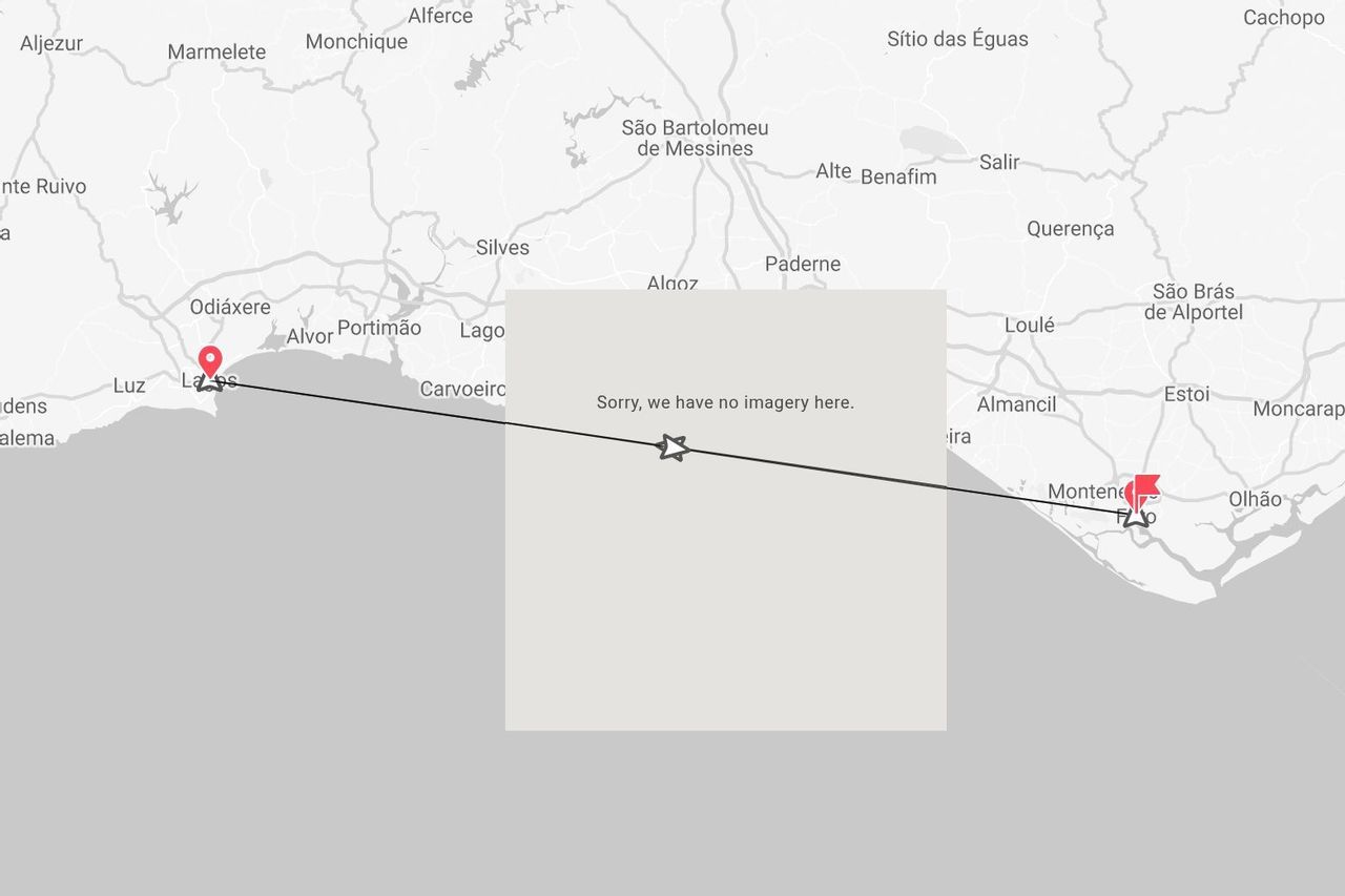 A map of the Algarve region in Portugal showing a route between the cities of Lagos and Olhão.
