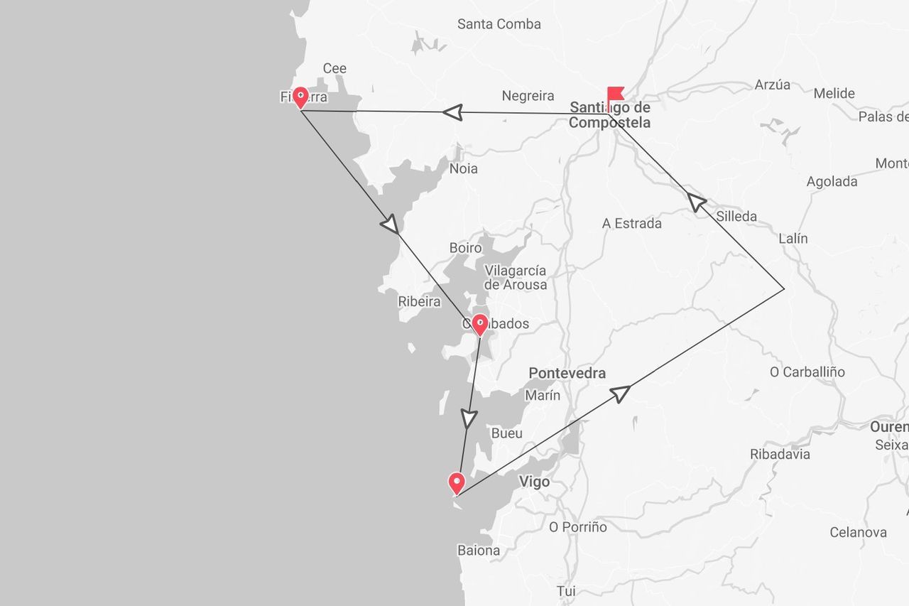 Una mappa di un itinerario di viaggio in Spagna che parte da Santiago de Compostela e collega Fisterra, Vilagarcía de Arousa e Vigo.