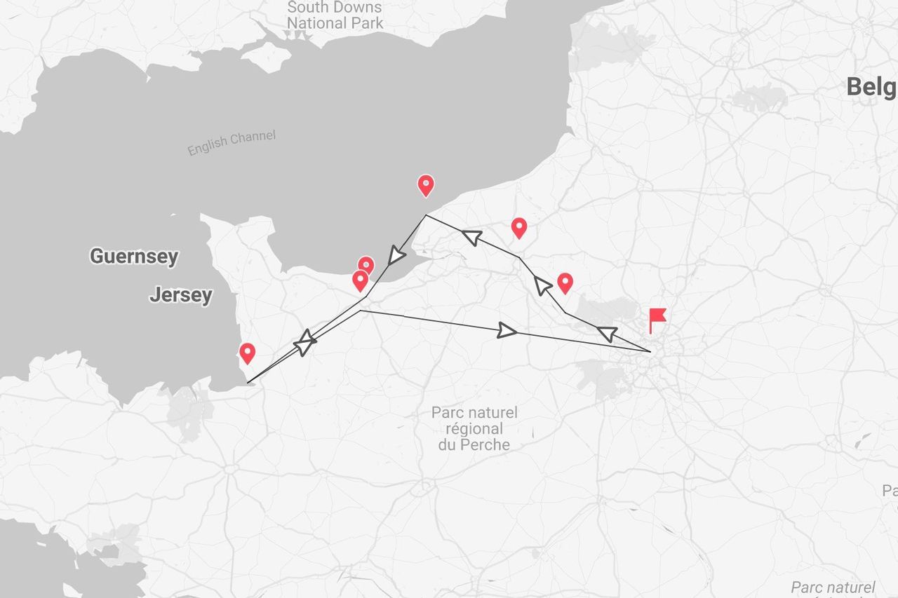 Eine Karte, die eine Reiseroute in einer Schleife durch Nordfrankreich zeigt, mit roten Markierungen für verschiedene Haltestellen entlang der Küste und im Landesinneren.