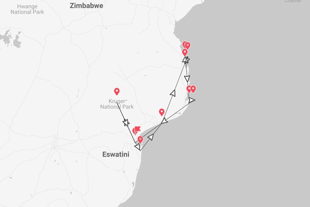 Una mappa che mostra un itinerario di viaggio attraverso l'Eswatini e vicino al Parco Nazionale Kruger, con punti di interesse segnati lungo il percorso.
