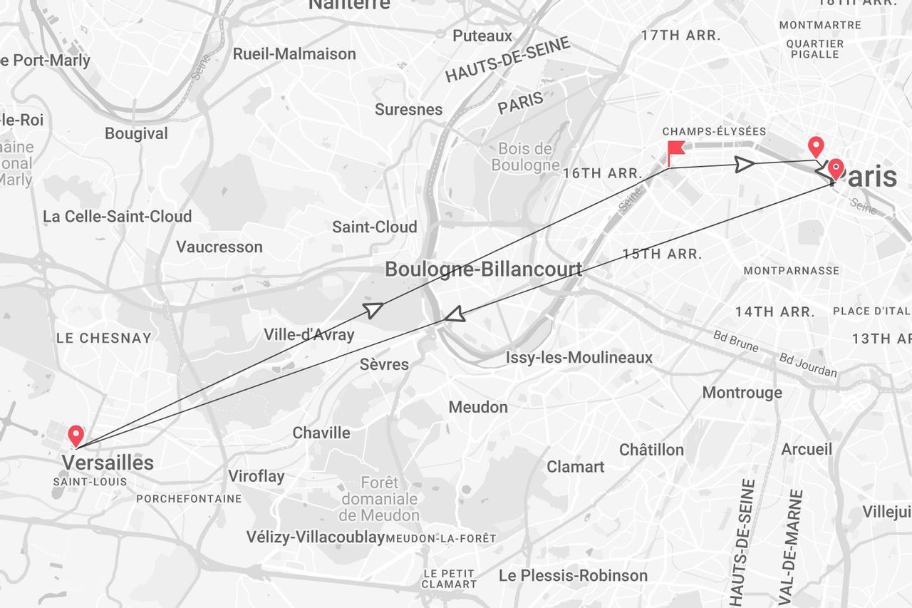 A map showing a travel route marked with a line and pins from Versailles to Paris.