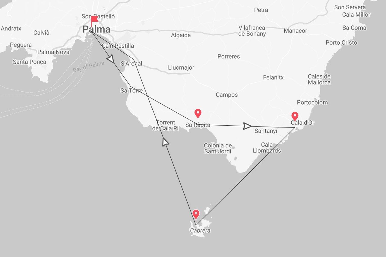 Mappa di un itinerario di viaggio sull'isola di Maiorca, che collega Palma, Sa Ràpita, Cala d'Or e Cabrera.