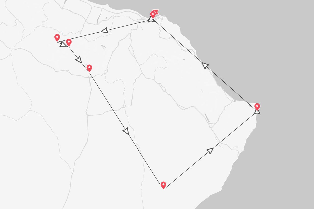 Un mapa estilizado que muestra un itinerario de viaje con una ruta que conecta varios puntos rojos y flechas direccionales.