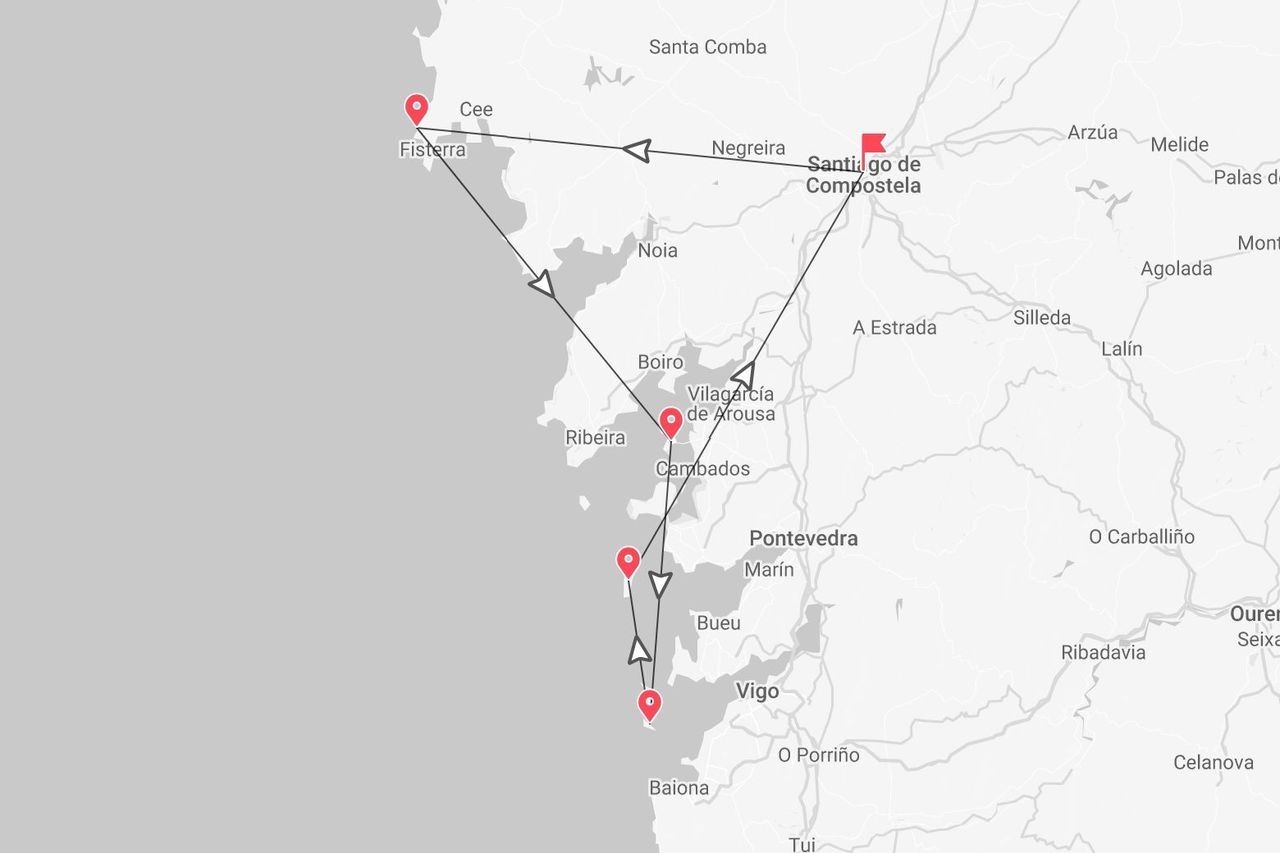 Un mapa de Galicia, España, detallando un itinerario de viaje con marcadores en Santiago de Compostela, Fisterra y Vigo.