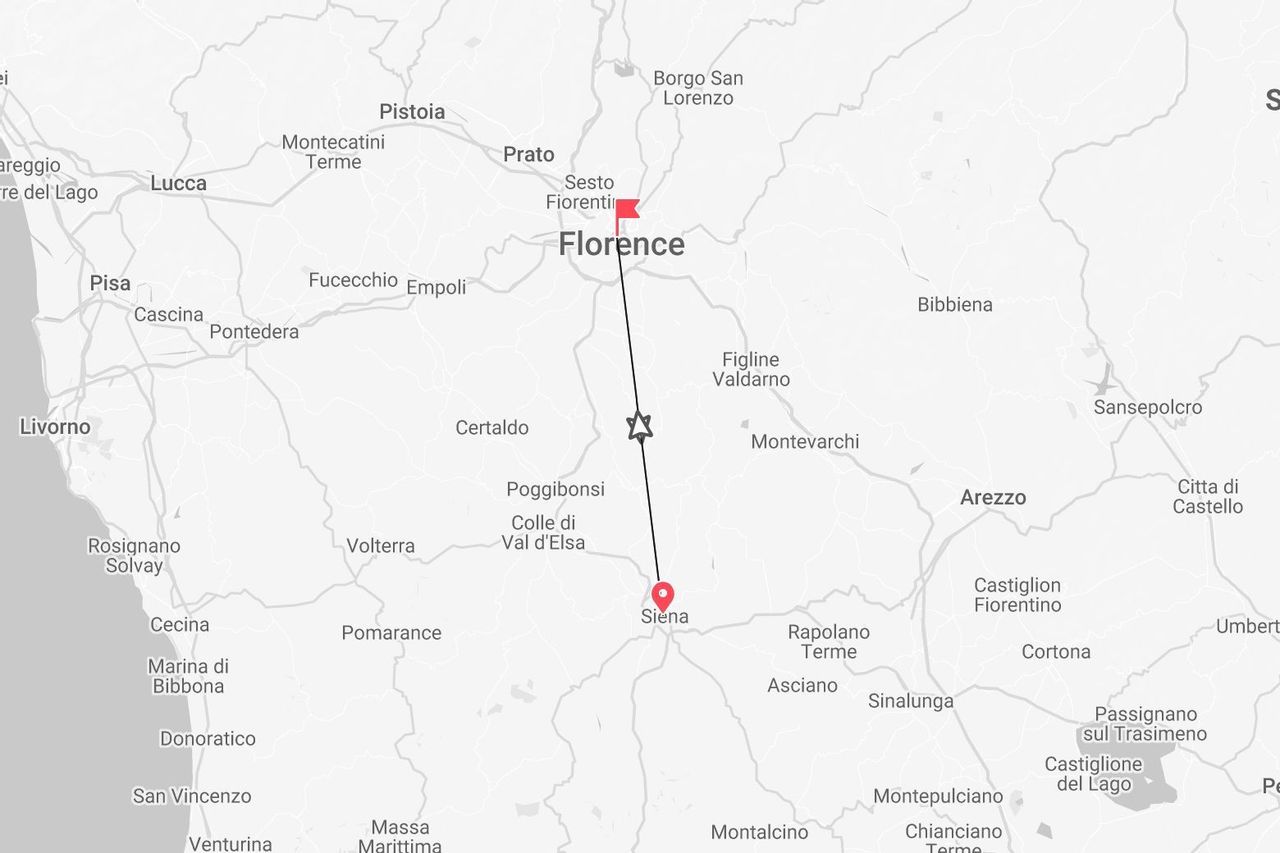 Una mappa della Toscana, Italia, che mostra un percorso di viaggio tra le città di Firenze e Siena.