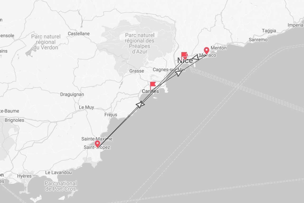 A map showing a travel itinerary along the French Riviera, passing through Saint-Tropez, Cannes, Nice, and Monaco.