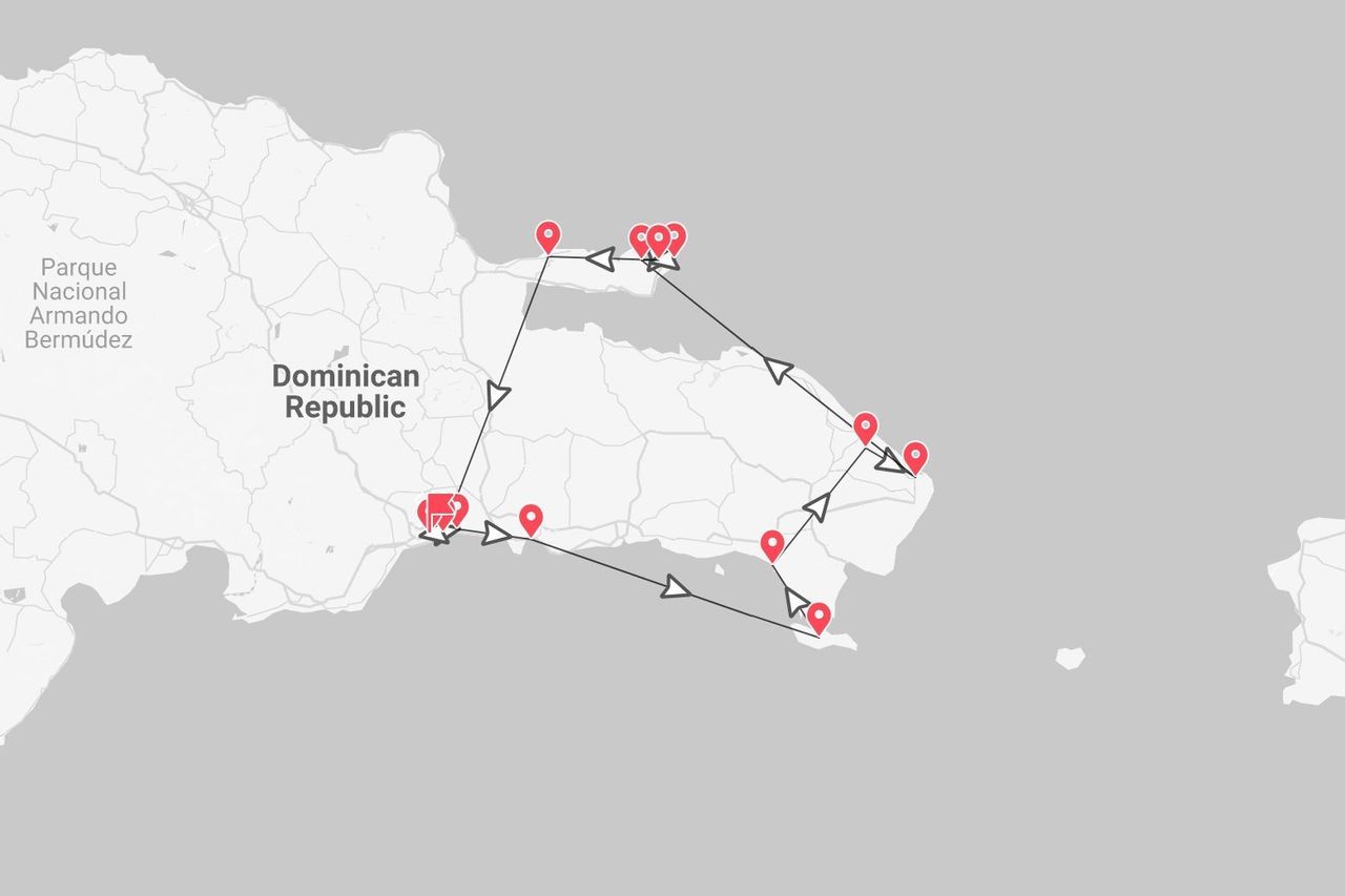 A stylized map of the Dominican Republic showing a travel itinerary route marked with red pins and arrows.