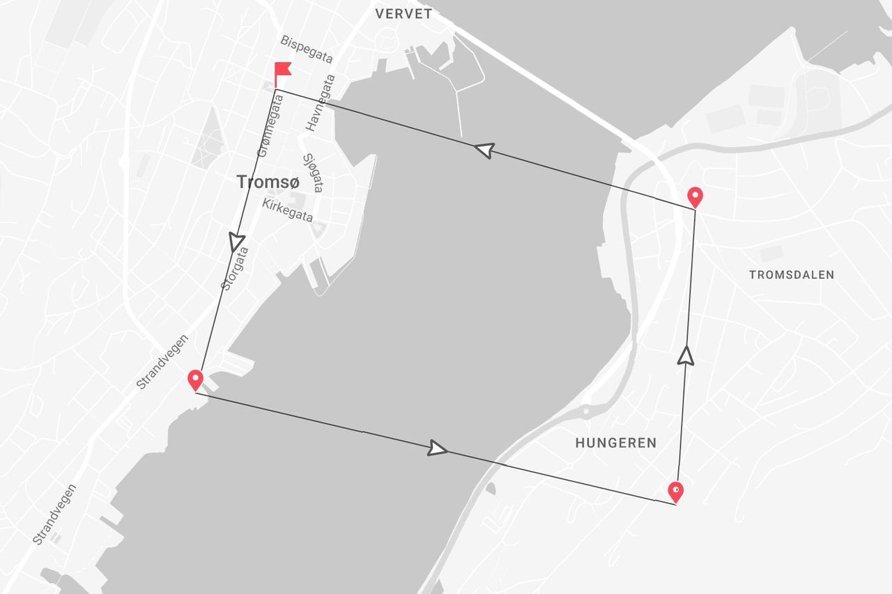 Mappa di un itinerario con indicatori e frecce che collegano Tromsø, Tromsdalen e Hungeren.