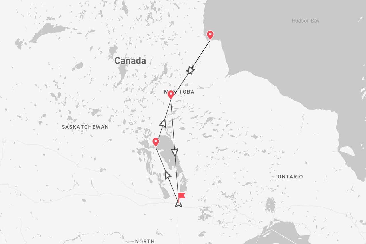 Mappa del Canada con itinerario di viaggio attraverso la provincia di Manitoba, fino alla costa della Baia di Hudson.