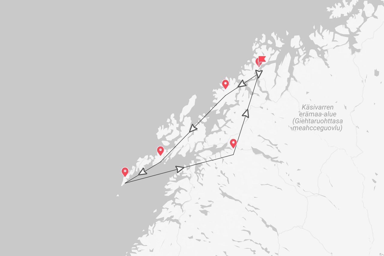 Una mappa della Käsivarren erämaa-alue che mostra un percorso di viaggio segnato con una linea, frecce e segnaposto rossi.