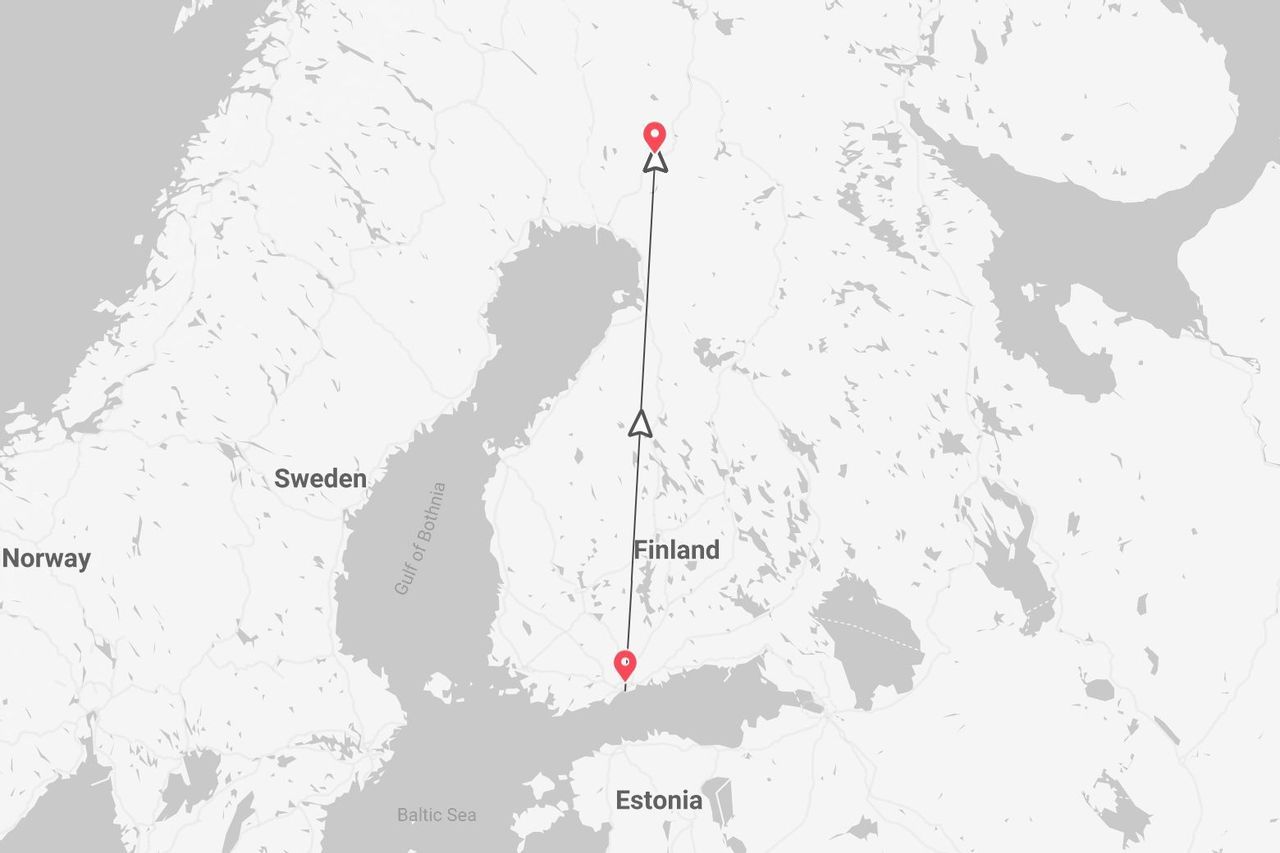 Una mappa in scala di grigi che mostra un percorso di viaggio con indicatori che partono vicino all'Estonia e viaggiano verso nord attraverso la Finlandia.