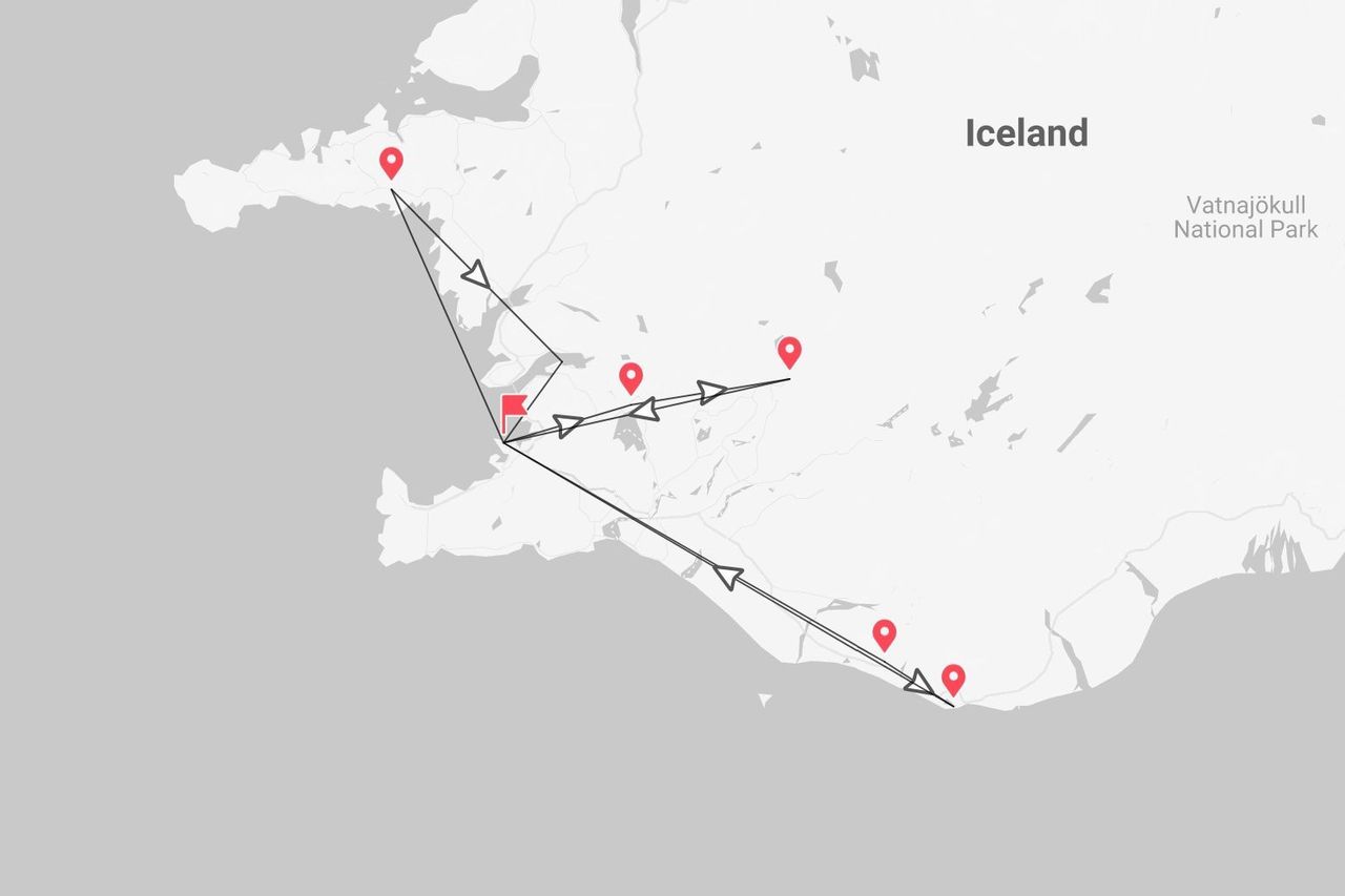 Una mappa dell'Islanda che mostra un itinerario di viaggio lungo le coste occidentali e meridionali, passando vicino al Parco Nazionale di Vatnajökull.