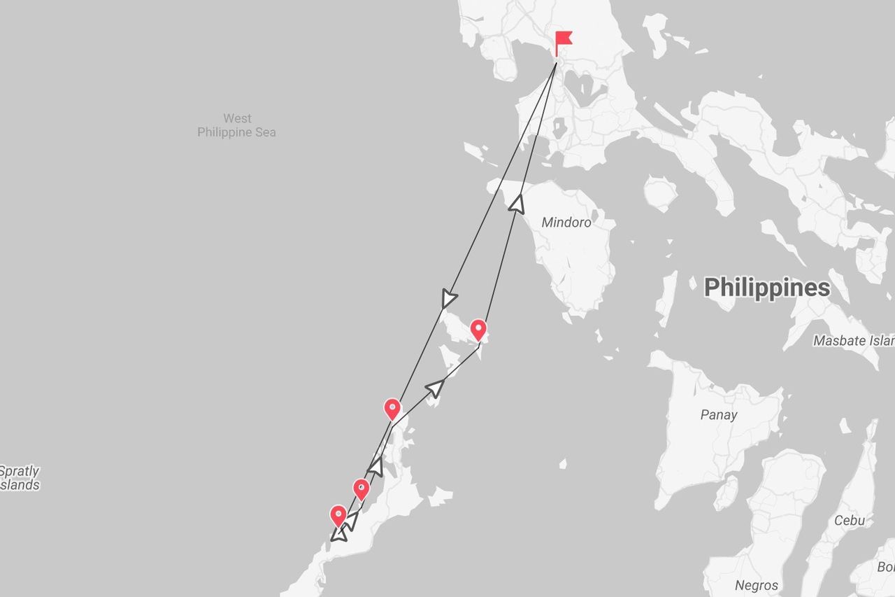 Una mappa delle Filippine che mostra un itinerario di viaggio con puntine rosse e frecce che tracciano un percorso lungo le isole occidentali.