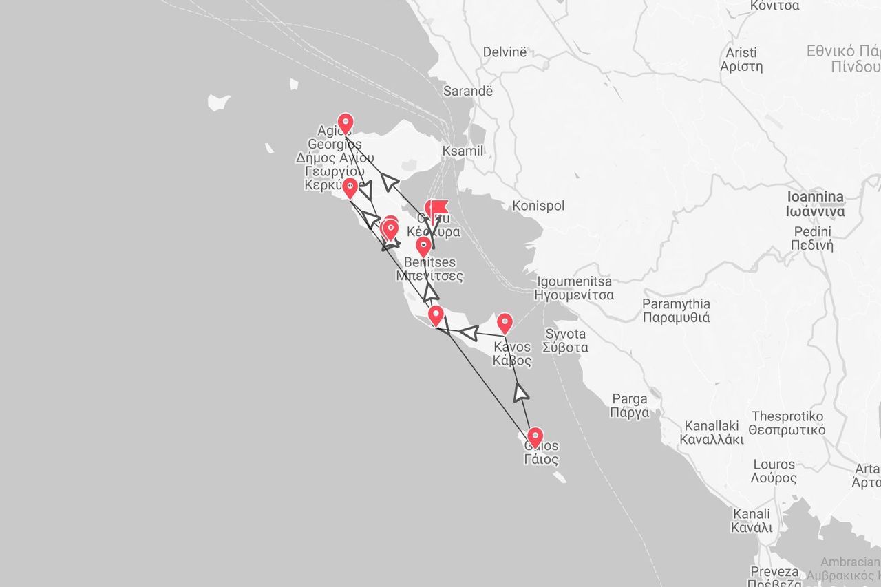 Mappa di un itinerario di viaggio lungo la costa di Corfù, Grecia, con tappe a Agios Georgios, Benitses, Kavos e proseguimento per Gaios.