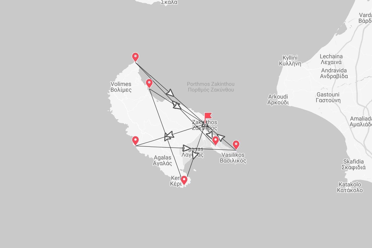 Una mappa dell'isola di Zante, Grecia, che mostra un itinerario di viaggio con segnaposti che indicano varie località, tra cui Volimes, Keri e la città di Zante.