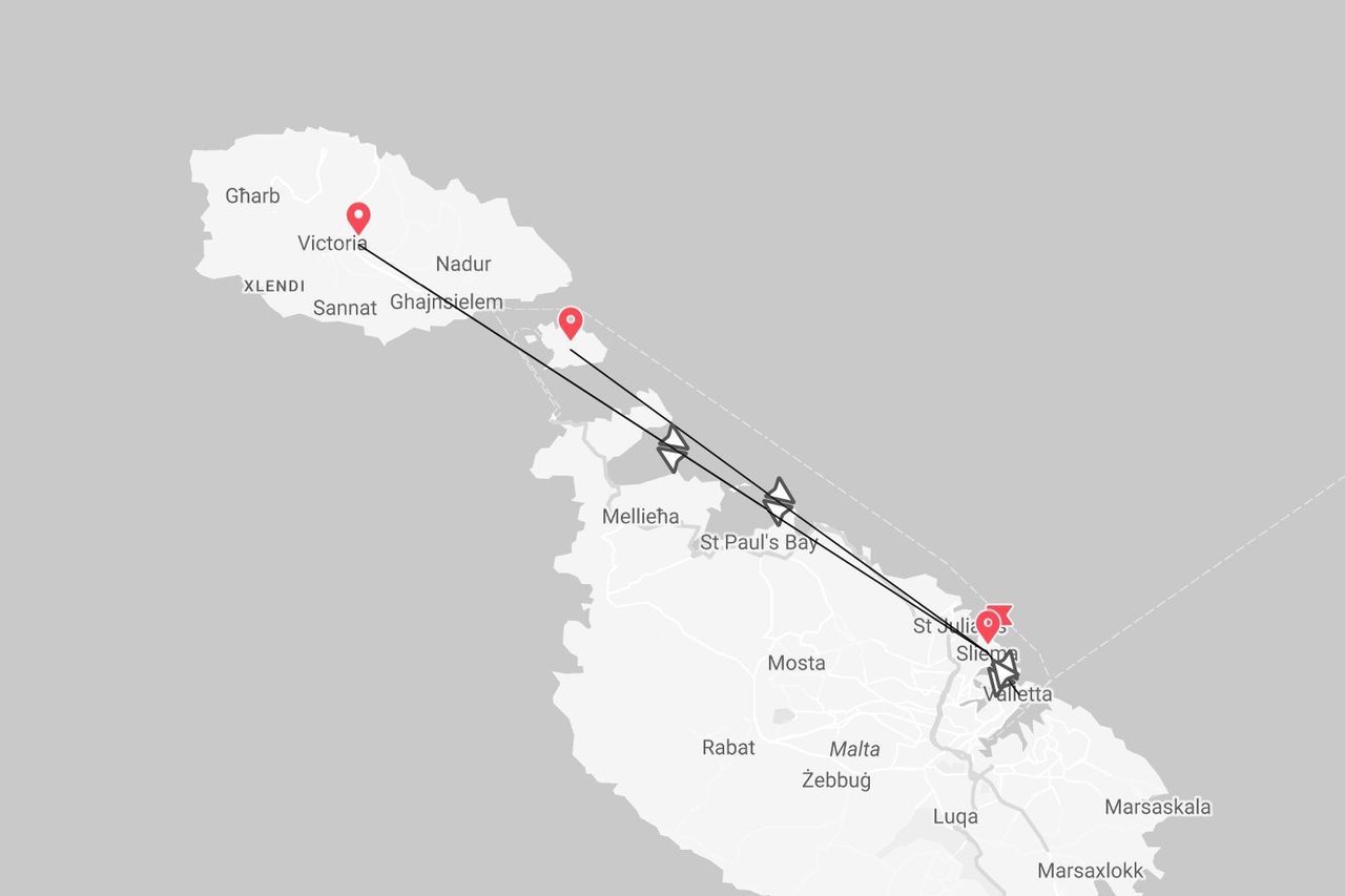 Un mapa de Malta con un itinerario de viaje entre Victoria, Ghajnsielem y Sliema, marcado con pines y líneas de conexión.