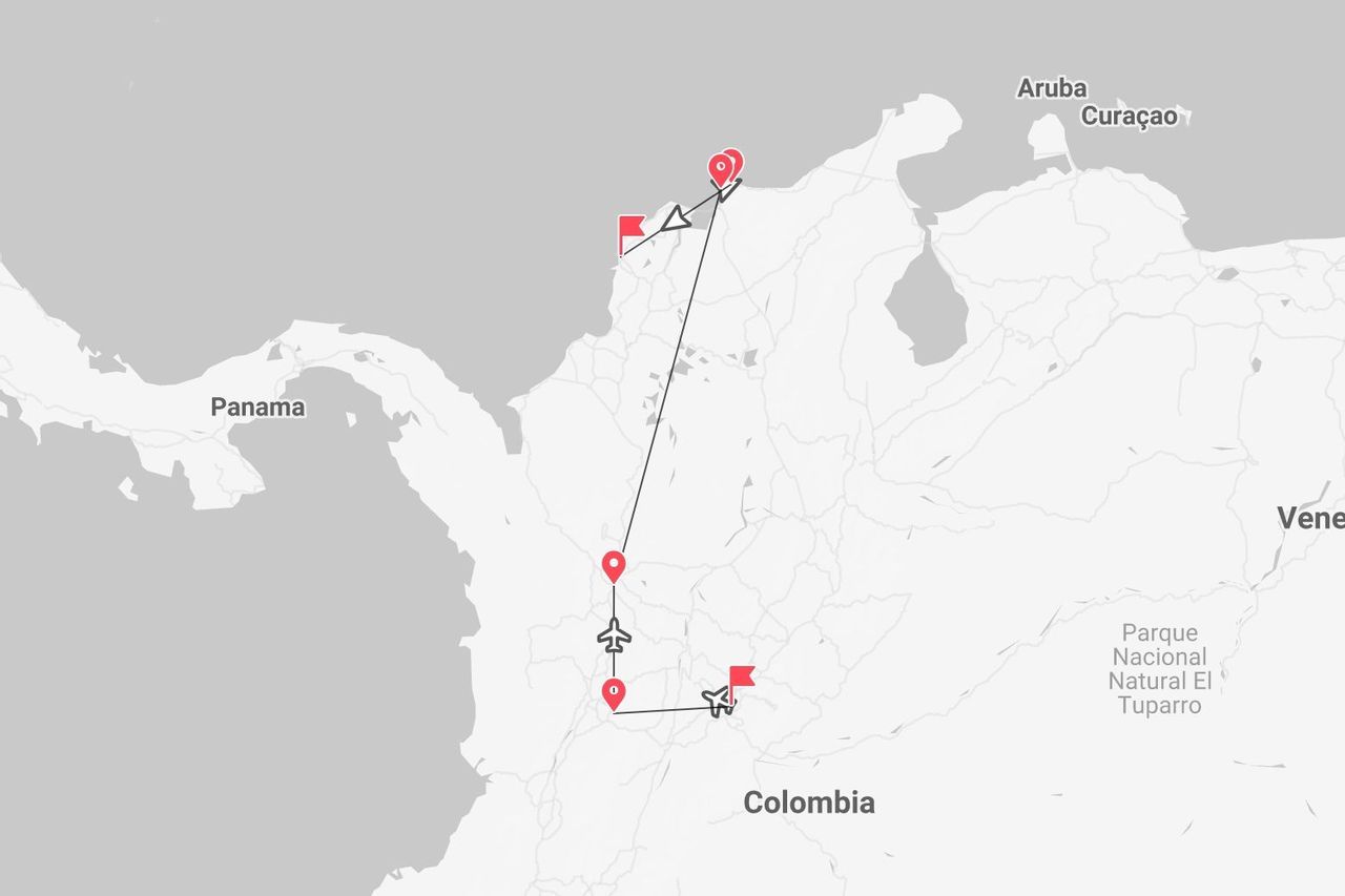 Un mapa de Colombia mostrando un itinerario de viaje con rutas de vuelo y marcadores de destino.