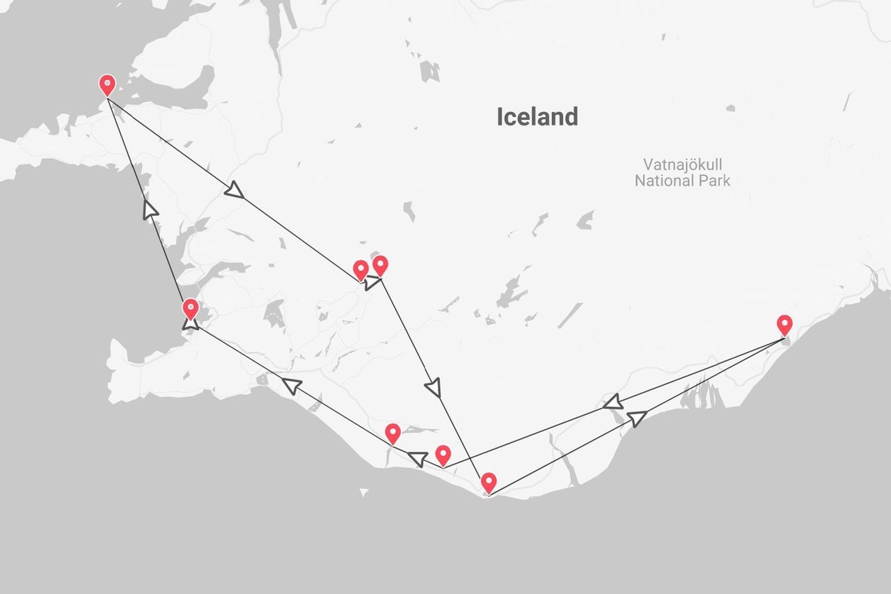 Un mapa de Islandia mostrando un itinerario de viaje con chinchetas rojas marcando una ruta por el oeste y el sur, incluyendo el Parque Nacional Vatnajökull.