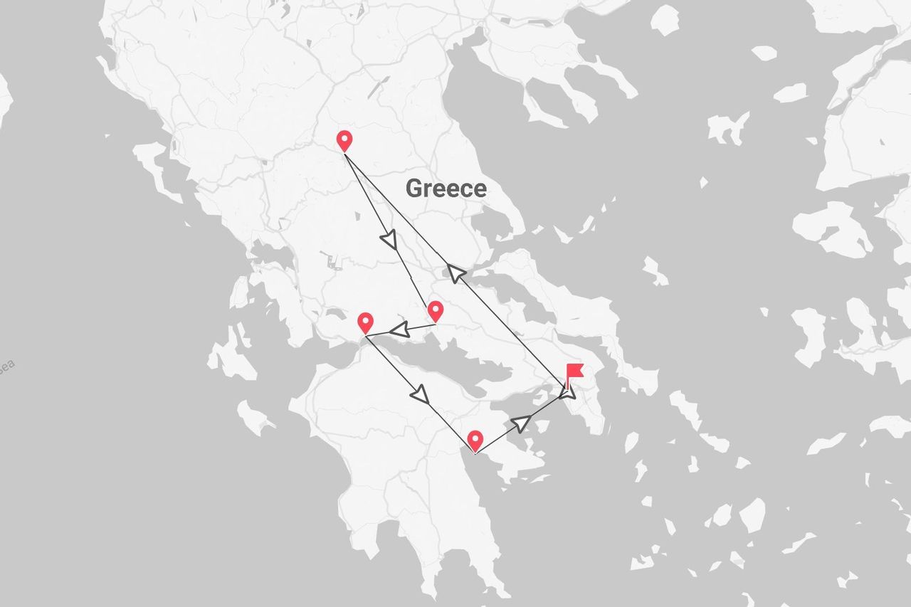 Une carte stylisée de la Grèce avec un itinéraire de voyage multi-étapes, jalonné d'épingles rouges et de lignes de connexion fléchées.