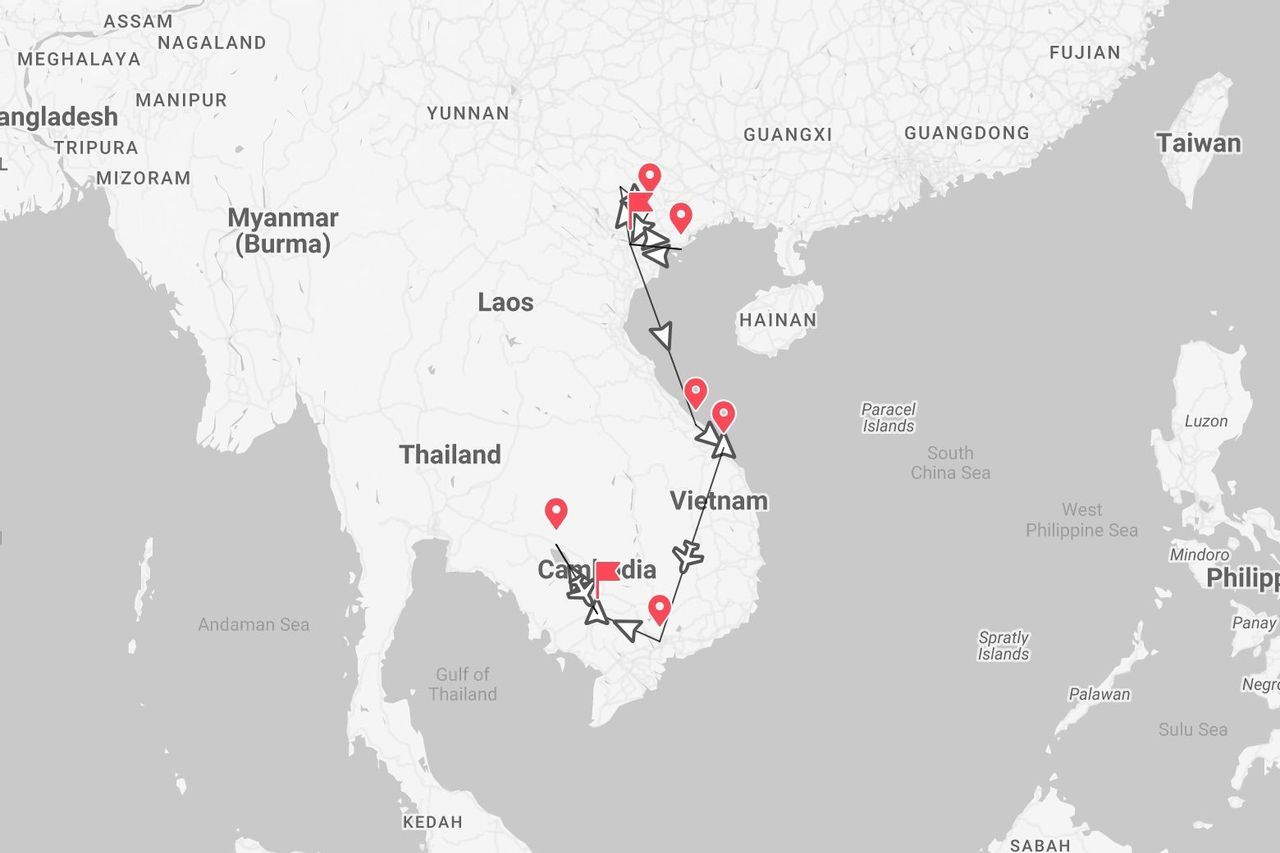 Un mapa que muestra un itinerario de viaje por Vietnam y Camboya, con ubicaciones clave marcadas con chinchetas rojas.