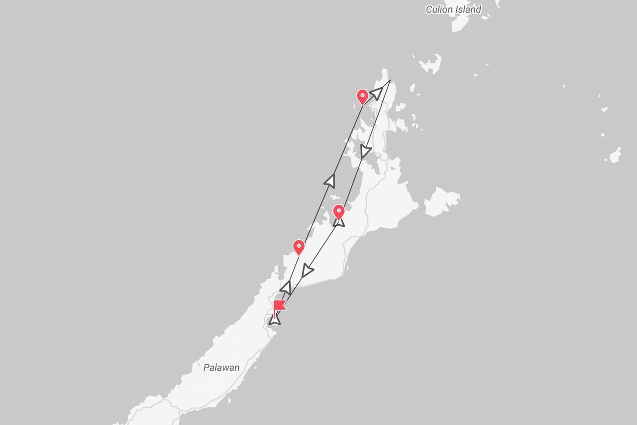 Mappa di un itinerario di viaggio tra le isole Palawan e Culion, con punti di interesse e un percorso indicato da frecce.