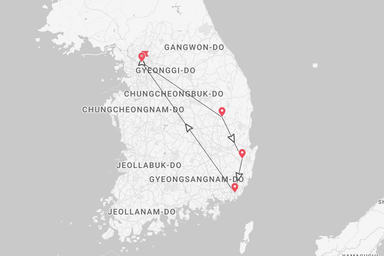 Mapa de itinerario de Corea del Sur, con una ruta de viaje marcada con una línea y pines rojos, que comienza en la provincia de Gyeonggi-do.