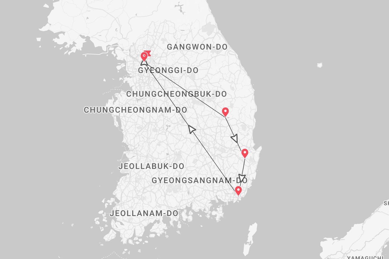 Eine Karte Südkoreas mit einer Reiseroute, die mit Pins markiert ist und in Gyeonggi-do beginnt und sich nach Südosten erstreckt.