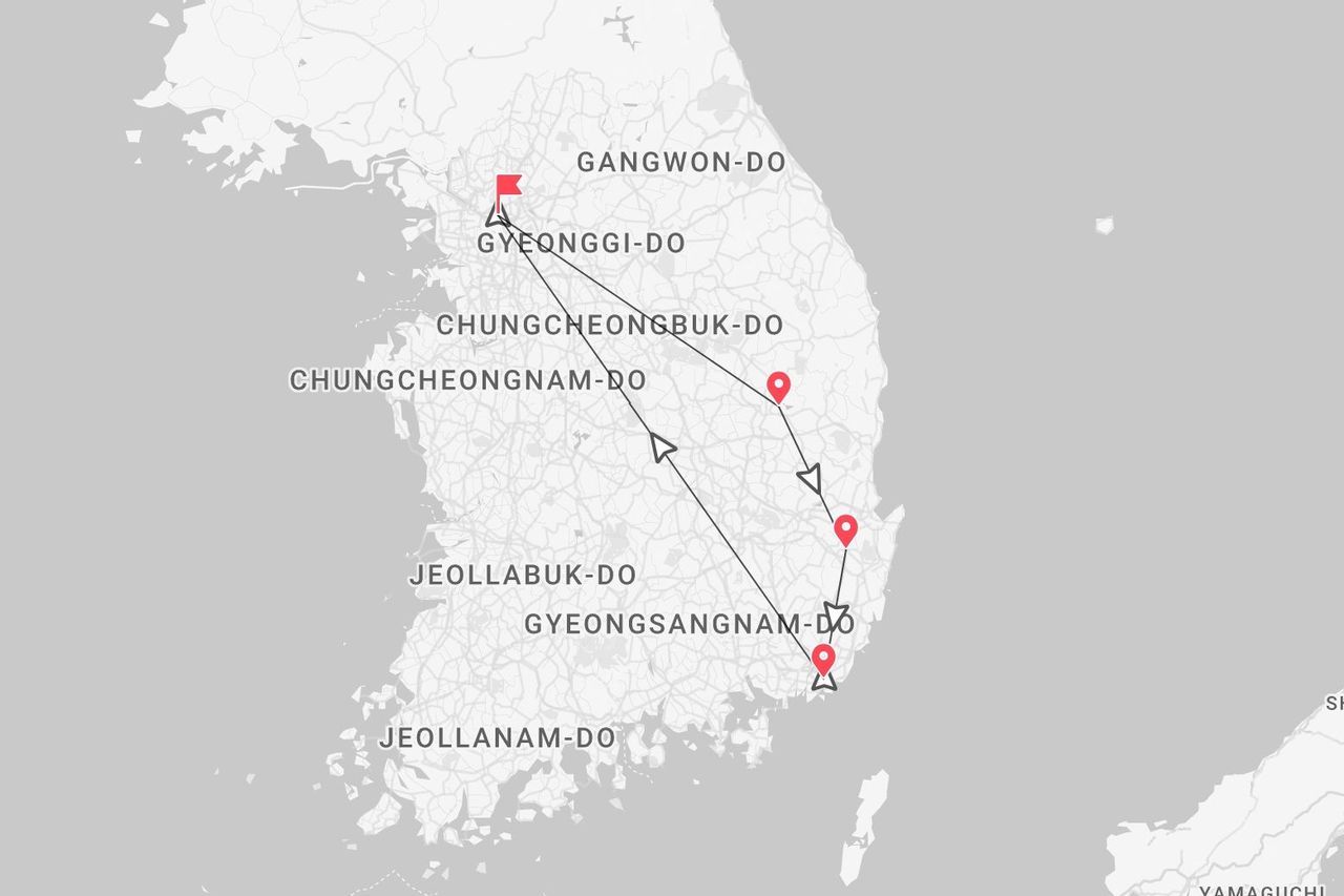 Carte d'itinéraire de voyage en Corée du Sud, avec un circuit débutant au Gyeonggi-do et se terminant au Gyeongsangnam-do, le long de la côte est.