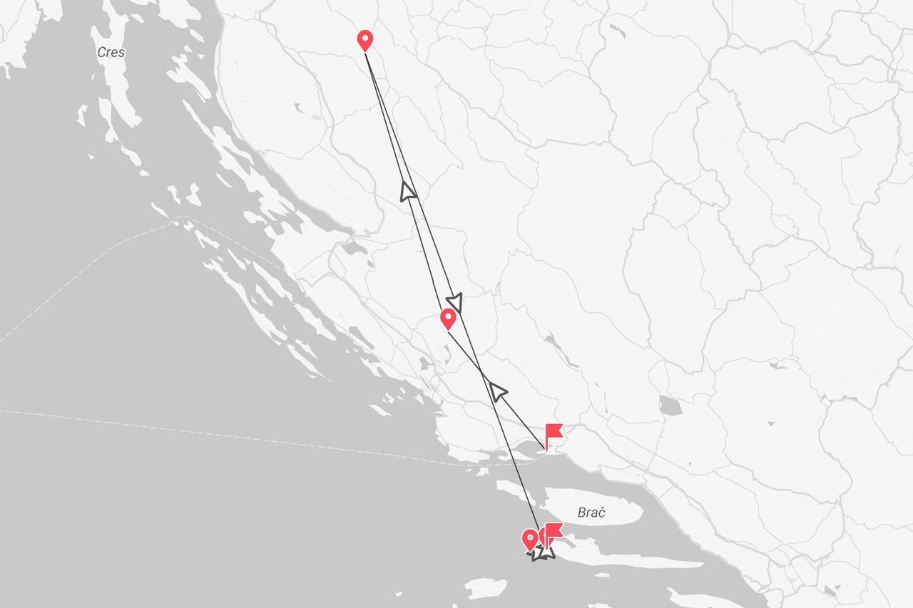 Una mappa stilizzata che mostra un itinerario di viaggio lungo la costa croata, con tappe chiave indicate vicino alle isole di Cres e Brač.