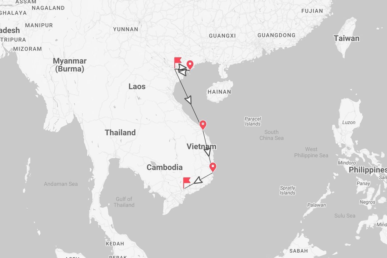 Una mappa del Sud-est asiatico con un percorso di viaggio segnato dal Vietnam settentrionale, lungo la costa, e che termina in Cambogia.