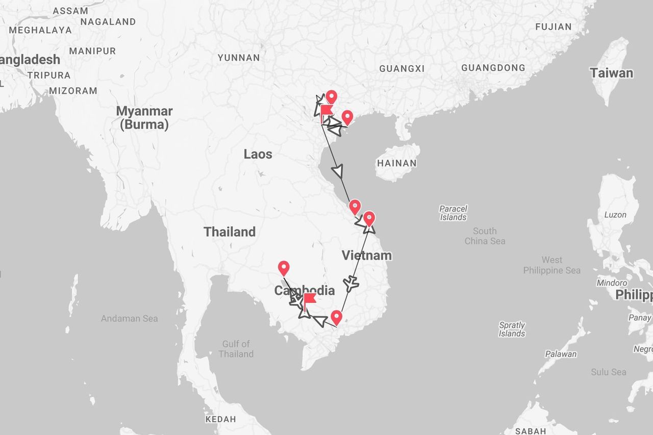 Mappa del Sud-est asiatico con itinerario di viaggio: tappe e voli in Vietnam e Cambogia.