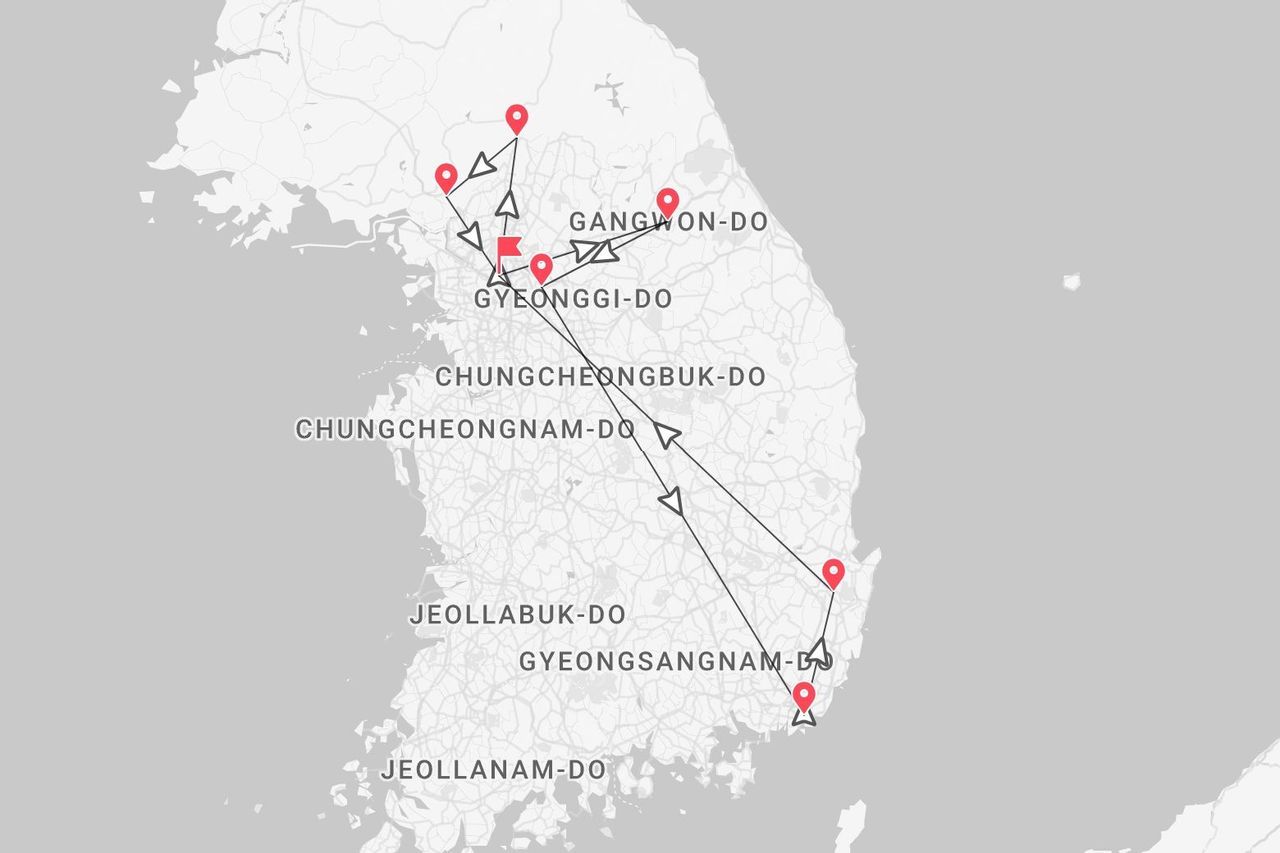 Mappa della Corea del Sud con itinerario di viaggio, puntine rosse e percorso tra province.