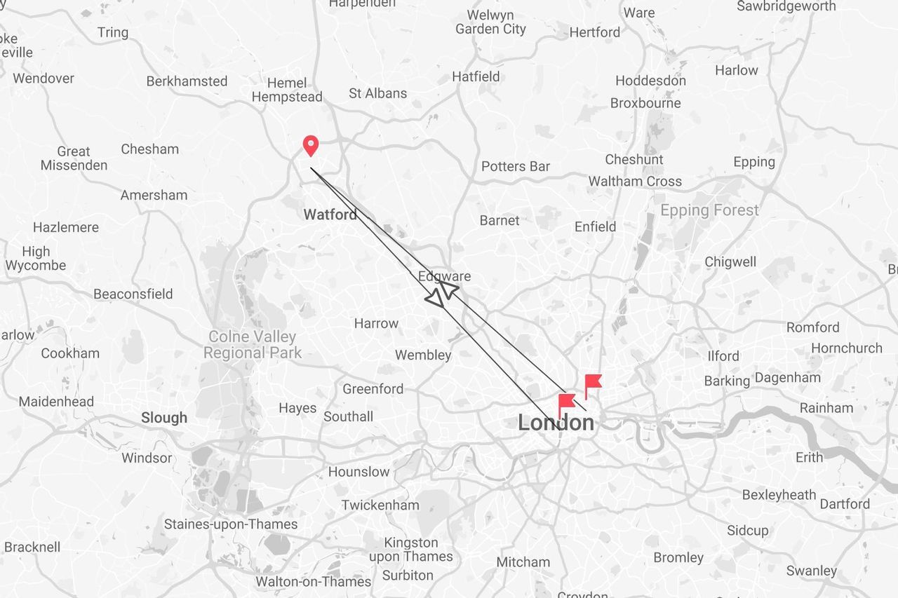 Una mappa di Londra e delle aree circostanti che mostra un percorso tracciato da Watford al centro di Londra.