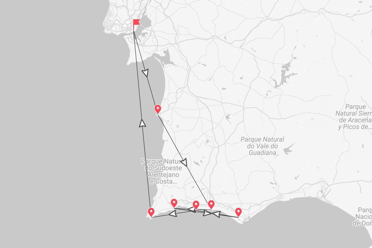 Una mappa che mostra un itinerario di viaggio lungo la costa del Portogallo, con tappe da una città settentrionale fino alla costa meridionale dell'Alentejo.