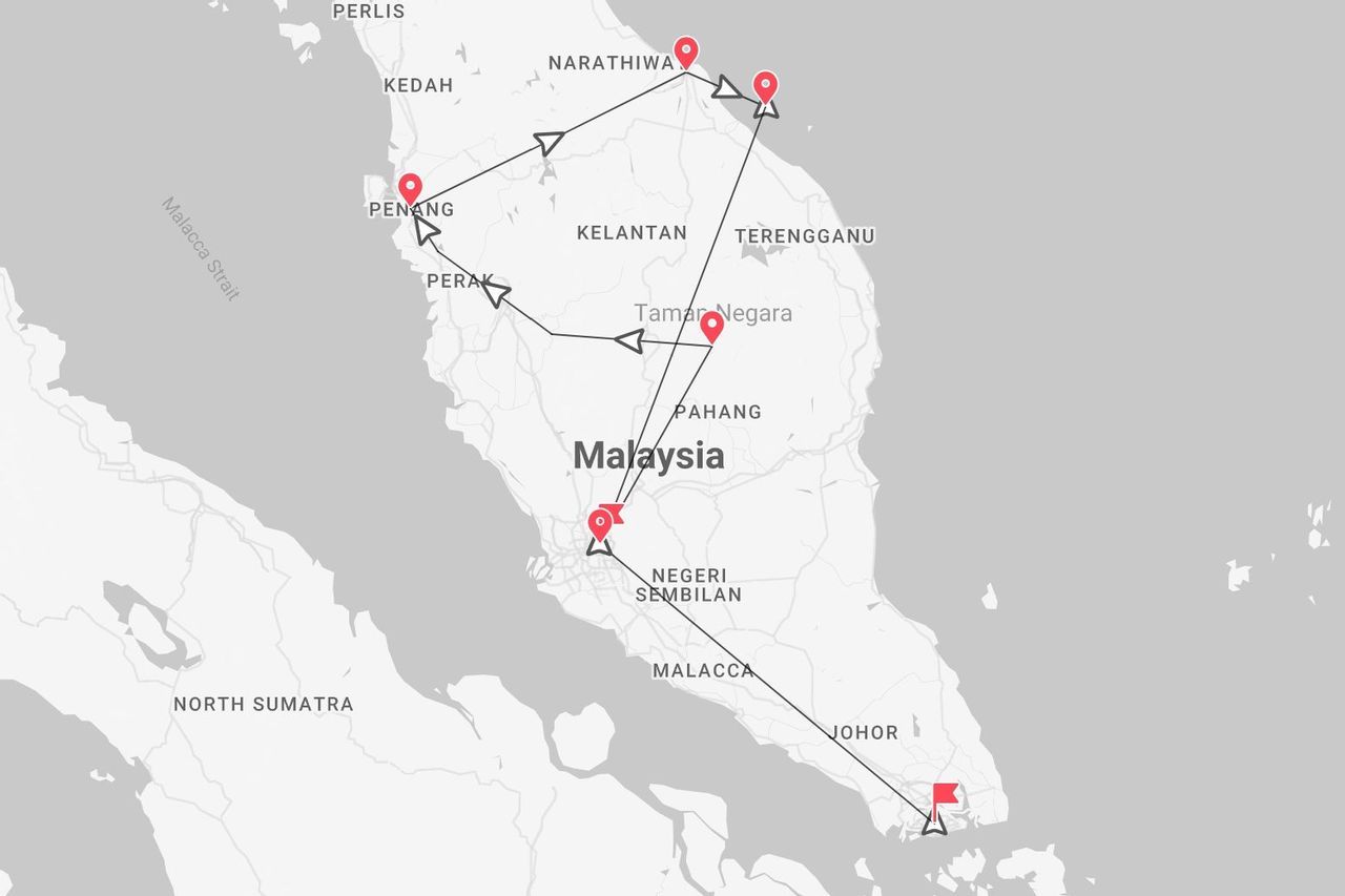 Mappa della Malesia che mostra un itinerario di viaggio con tappe segnate da puntine rosse.