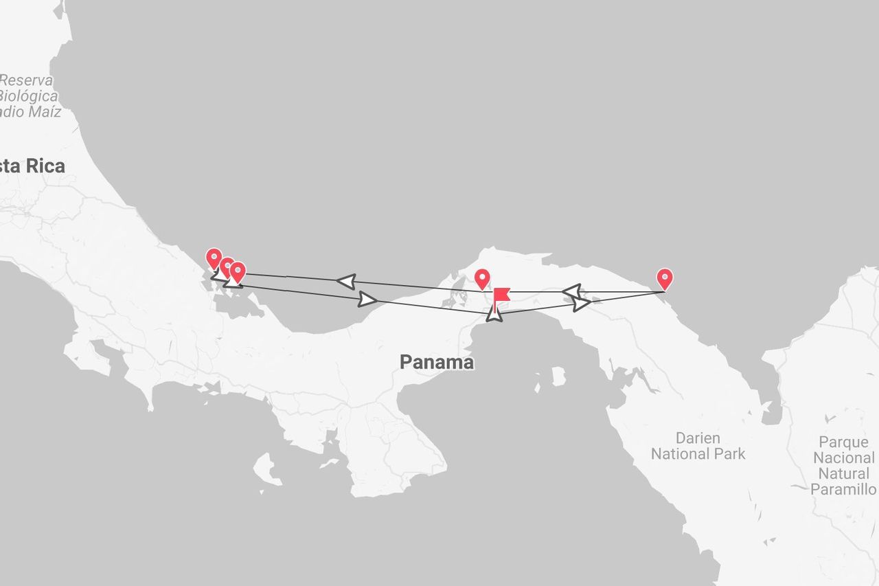 A map showing a travel itinerary across Panama, starting from the border with Costa Rica and moving east.