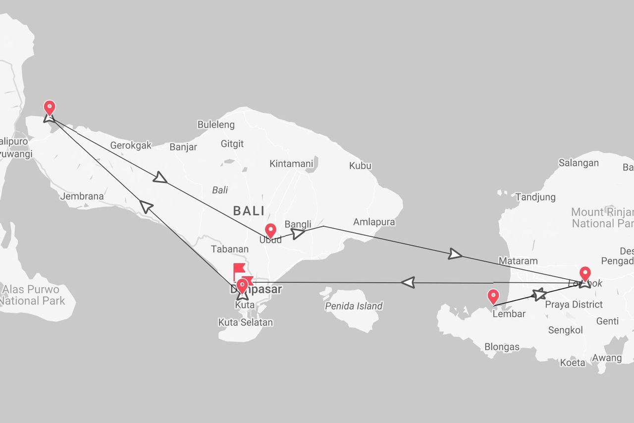 Karte mit Reiseroute für Bali und Lombok, inklusive Wegmarkierungen.