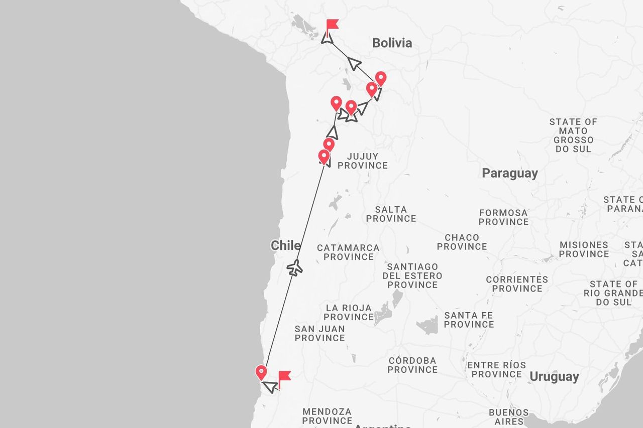 Eine Karte mit einem Reiseverlauf und Flugzeugsymbolen, beginnend in Zentralchile und weiter über Nordargentinien nach Bolivien.
