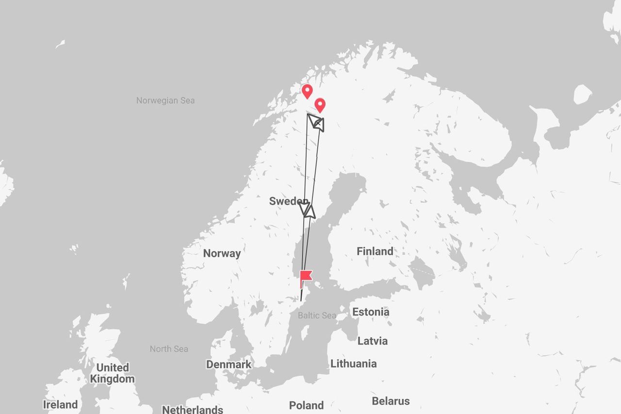 Una mappa della Scandinavia con un itinerario di viaggio che parte dalla Svezia meridionale e prosegue verso nord, terminando con diverse tappe nella Norvegia settentrionale.