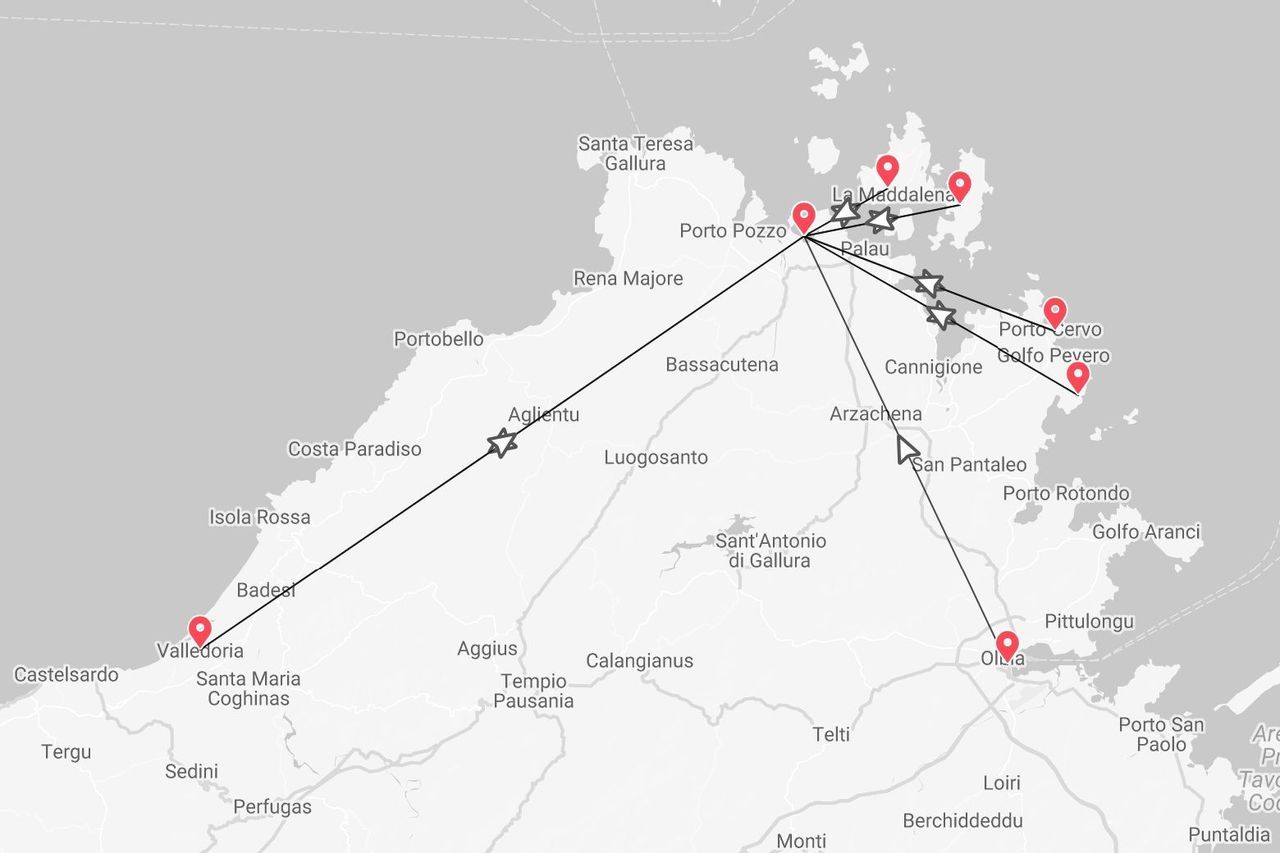 A map of northern Sardinia, Italy, showing a travel itinerary with pins on locations including Castelsardo, Palau, La Maddalena, Porto Cervo, and Olbia.