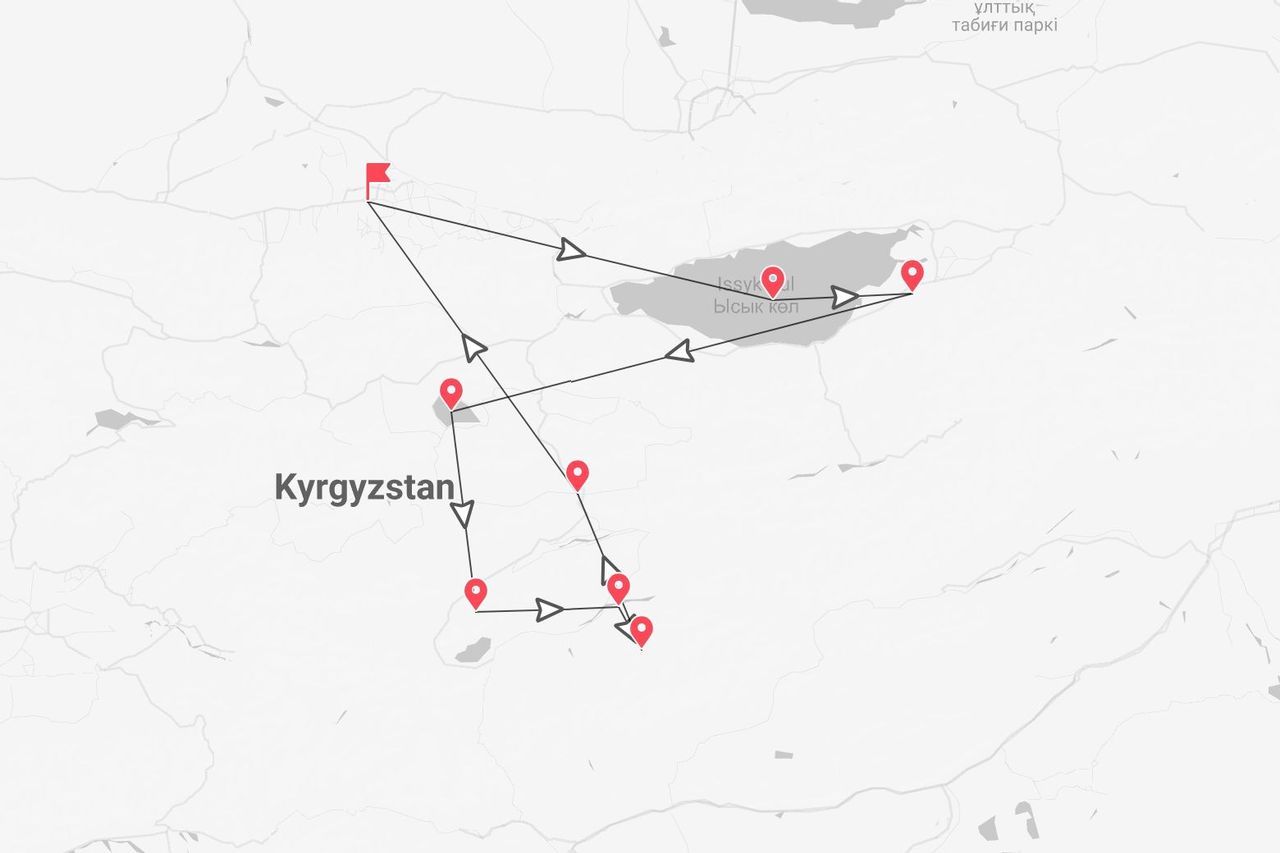 A minimalist map showing a travel itinerary through Kyrgyzstan, with stops marked around Issyk Kul lake.