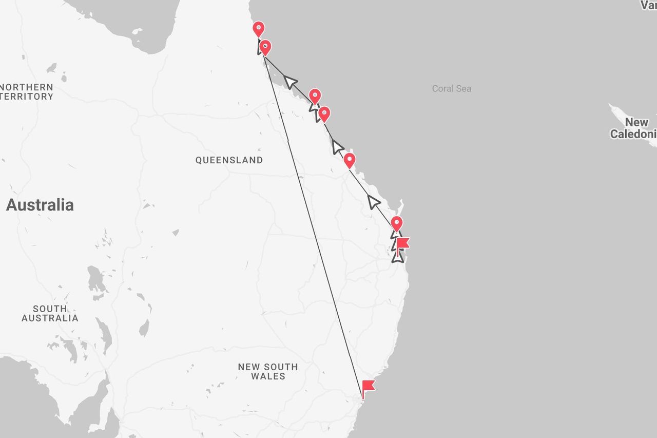 Una mappa che mostra un itinerario di viaggio lungo la costa orientale dell'Australia, passando per il Queensland e il Nuovo Galles del Sud.