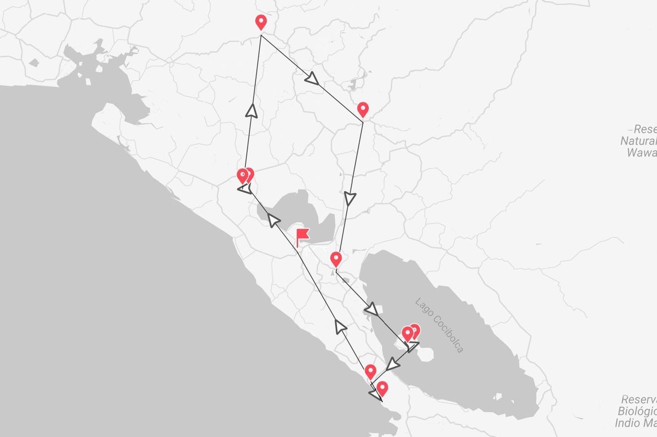 Eine stilisierte Karte einer Tourroute in Nicaragua, die eine Schleife mit Wegpunkten rund um den Lago Cocibolca zeigt.